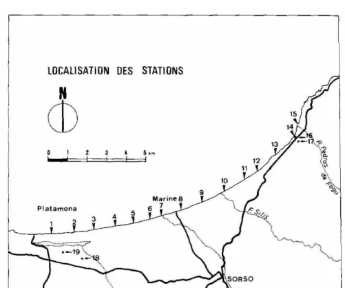 FIG. 1 - Spiaggia di Sorso (Sardegna settentrionale). Ubicazione delle stazioni di  campionature (Numeri 16, 17, 18 e 19: spiaggia del Tirreniano)