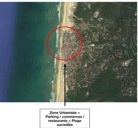 Figure 2 : Image aérienne de la plage centrale de Lacanau d’après le système d’information géographique Google Earth (47).