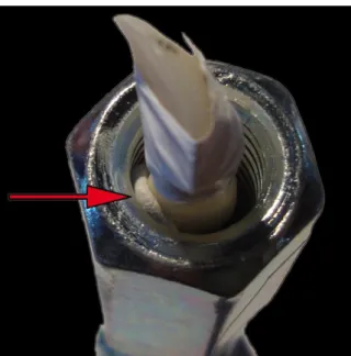 Figure 8 : Plot de mastic époxy pour maintenir la dent en position centrée (flèche rouge)