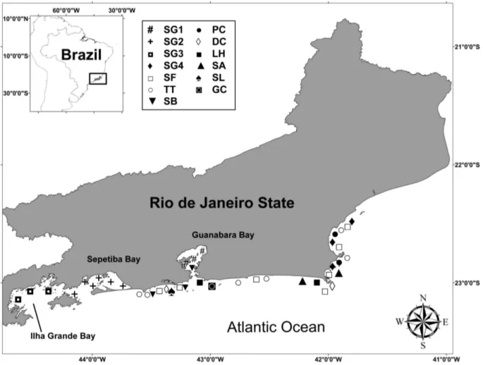 Figure 1. Map of the study area in Rio de Janeiro State, southeastern Brazil. Stranding sites of delphinids are shown