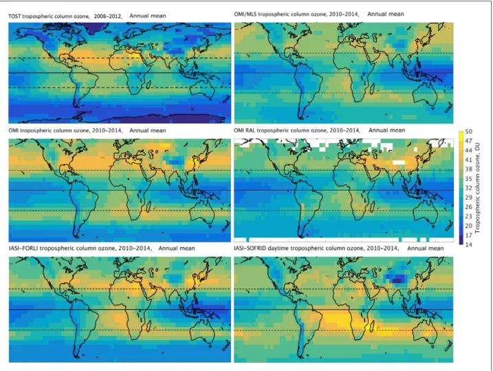 Figure 9: Monthly mean ozone above Europe from IASI+GOME-2 product for August 2009. IASI+GOME-2 (LISA)  monthly average (August, 2009) mixing ratio (nmol mol –1 ) from the surface to 3 km (left) and partial column ozone  (DU) from 3 to 9 km (right) over Eu