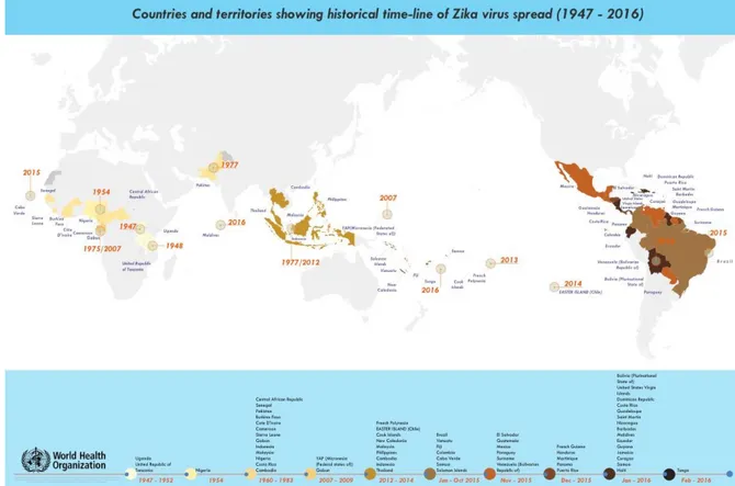 Figure 1 : Distribution mondiale du ZIKV entre 1947 et 2017. Source : OMS 2016. 
