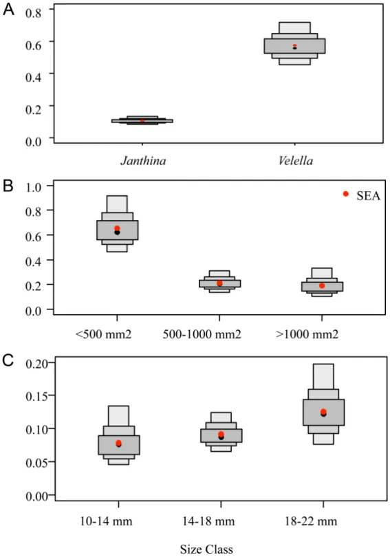 Fig.  2.  –  Boxplots  of  model-estimated  bivariate  standard  ellipse  area  (SEA B )