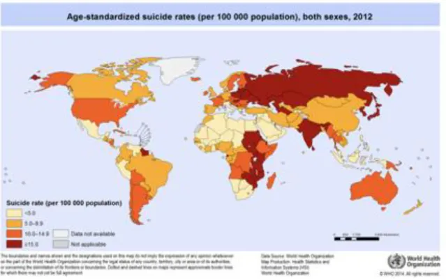 figure 1: Taux de suicide tout âge confondu (pour 100 000 personnes), en 2012 -OMS  