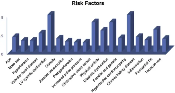 Figure 1 : facteurs de risque de FA selon une valeur approximative du risque relatif, d'après  (12) 