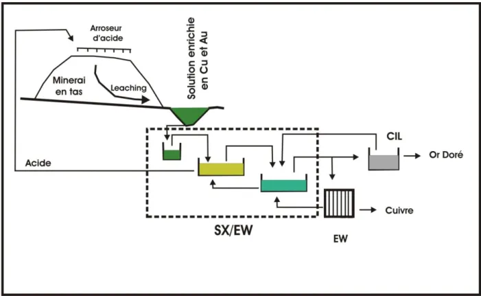 Figure 28 : schéma simplifié représentant le processus de heap leaching initialement prévu à Chelopech (d’après  Dundee 2009)