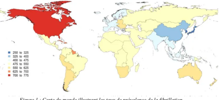 Figure 1 : Carte du monde illustrant les taux de prévalence de la fibrillation 