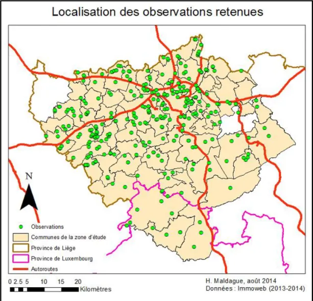 Figure 3 – Répartition des observations retenues au sein de la zone d’étude. 