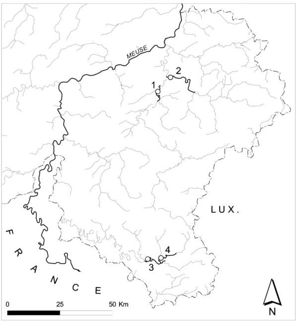 figure 2. Localisation des tronçons étudiés par l’analyse cartographique : 1. l’Ourthe entre Bomal et Comblain-Fairon ; 2