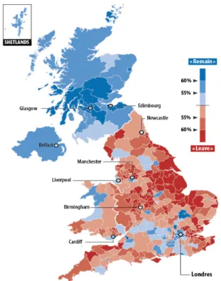 Figure 1: Brexit : la carte des résultats de suffrage par circonscription. 