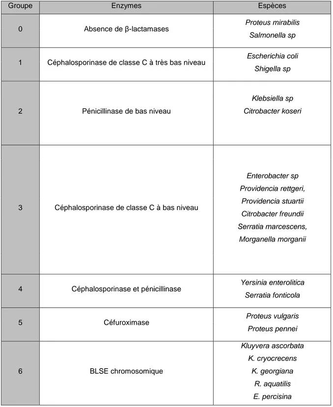 Tableau 8 : Classification des groupes de résistances naturelles aux β-lactamines 