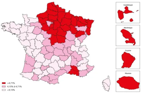 Figure  1  :  Prévalence  du diabète  traité  pharmacologiquement,  standardisée  sur la population  française  de  2012  par département (Mandereau-Bruno L, 2014)