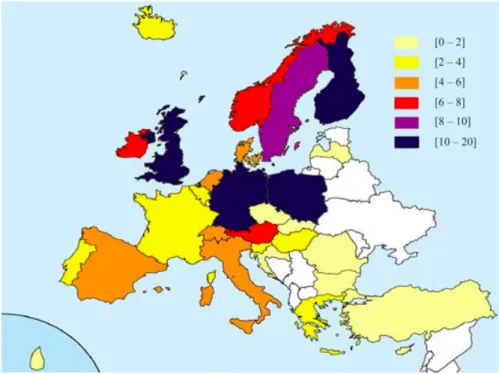 Figure   2   :   Incidence   (exprimée   pour   10   00   patients-­‐jours)   des   ICD   liées   aux   soins   en   Europe    (d’après   l’enquête   européenne   réalisée   sous   l’égide   du   EuropeanStudy   Group   on   