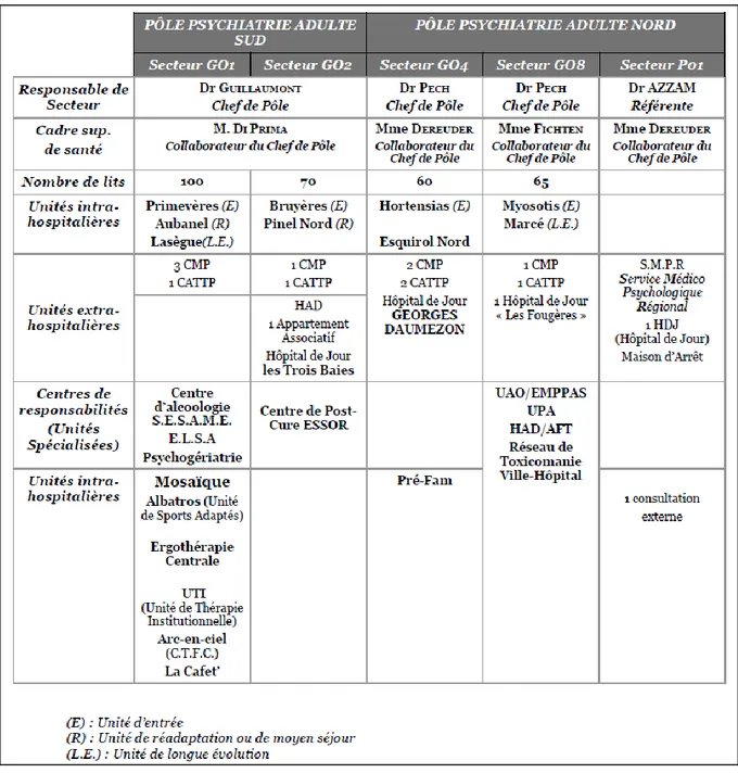 Figure 5: Répartition des unités de soin au CHPP (source : livret d'accueil des stagiaires 2015) 