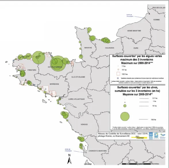 Figure 7 : Inventaire des échouages d’ulves observés de 2008 à 2014 (34). 