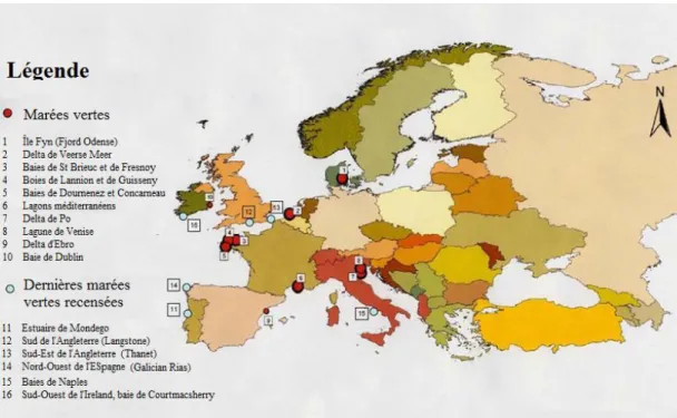 Figure 9 : Principaux sites de marées vertes en Europe en 2011 (40). 