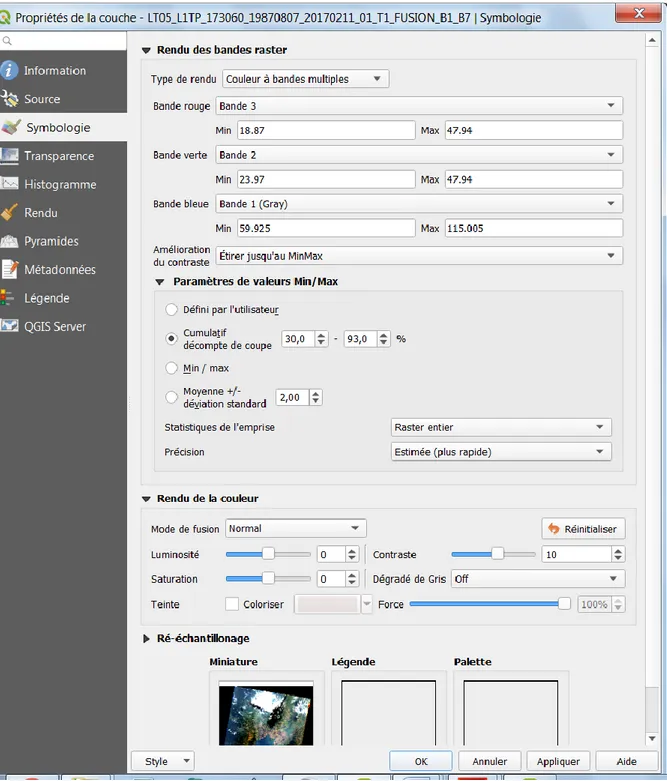 Figure  17 :  Paramétrisation  des  propriétés  de  symbologie  de  l’image  Landsat-5  fusionnée  pour  obtenir  une  « composition  vraies  couleurs »  (RGB  =  Bandes  3,2,1  et  Paramètres  de  valeurs  Min/Max adaptés)  