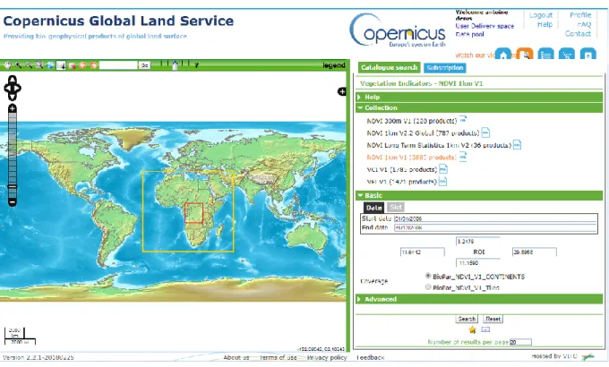 Figure  29 :  Paramétrage  de  la  fenêtre  de  recherche  de  produits  NDVI  sur  le  portail  « Copernicus  Global Land Service » 