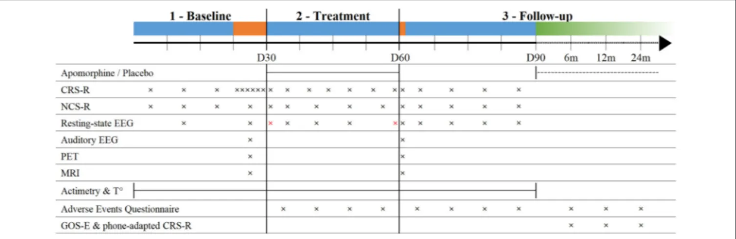 FIGURE 2 | Timeline of the study protocol. Blue segments: inpatient phases; Orange segments: multimodal assessments; Green segment: outpatient remote follow-up; dashed line: optional treatment extension; CRS-R, Coma Recovery Scale-Revised; NCS-R, Nocicepti
