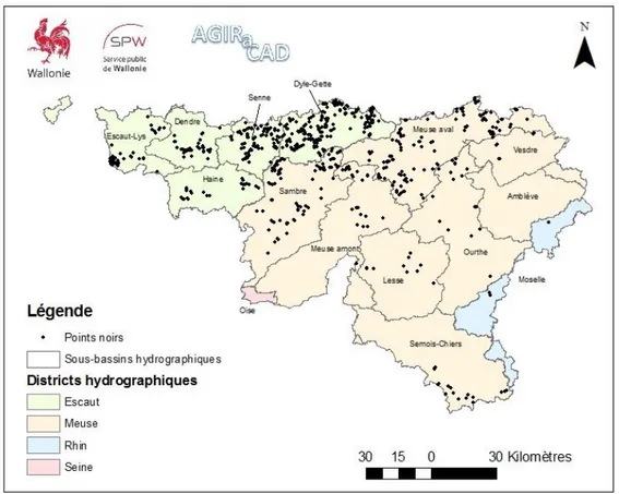 Figure 1. Répartition des points noirs liés au ruissellement agricole - Base de données AGIRaCAD (2014) 