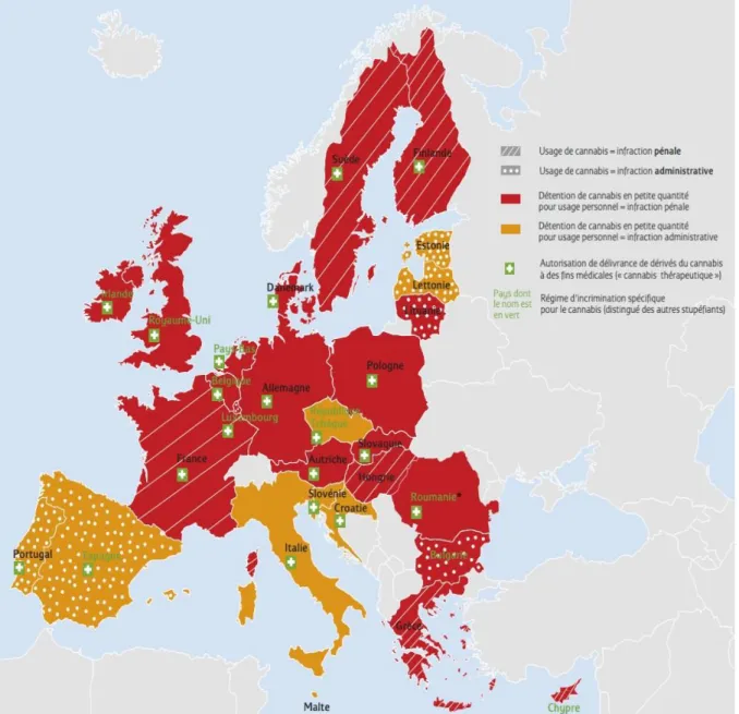 Figure 11 : État des législations sur l’usage et la détention de cannabis au sein de l’UE des 28 