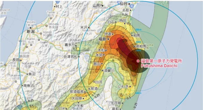 Fig. 6 – Nuage radioactif suite à l’accident de la centrale de Fukushima-Daiichi. Seule la zone colorée en gris foncé a été complètement évacuée