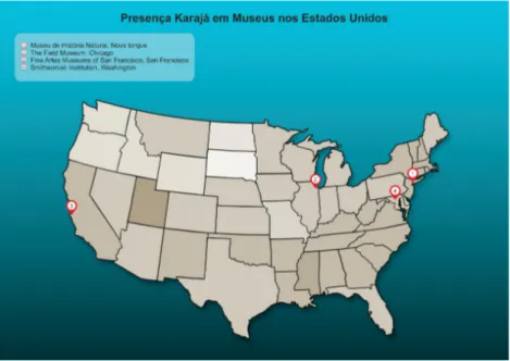 Figura 3 - Mapa localizando os museus com acervos de ritxoko nos Estados Unidos  da América (na América do Norte, já localizamos também as  ritxoko  em um museu  universitário do Canadá)