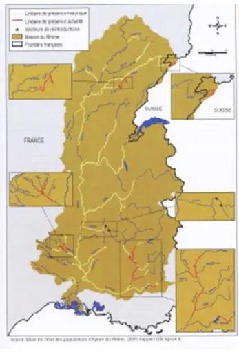 Figure 2. Aire de répartition géographique de l’apron dans le bassin du Rhône en 2009 