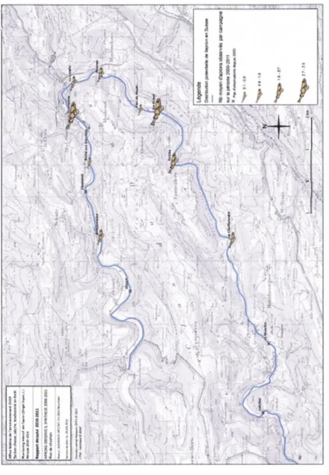 Figure 5 a.  Synthèse des observations 2000-2011 des aprons dans la boucle suisse du Doubs dans  le cadre du monitoring réalisé par  l’Office Fédéral de l’Environnement suisse (source : OFEV  2013  ;  réf  29)
