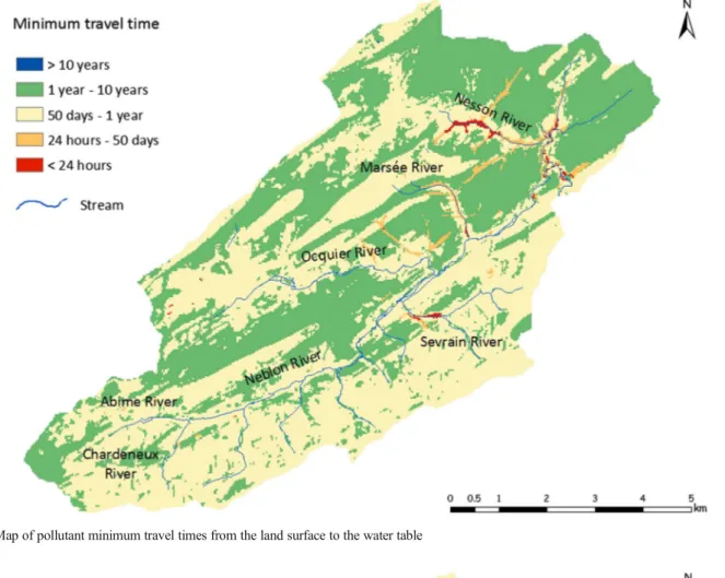 Fig. 6 Map of pollutant minimum travel times from the land surface to the water table