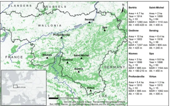 Figure 1. Location and description of the arboreta used in this study (triangle symbols) on a background  map of tree cover in 2000 (Hansen et al