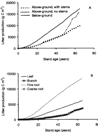 Figure 8. Simulated evolution of the cumulative litter production over a 66-year period of Scots growth at the Brasschaat experimental forest