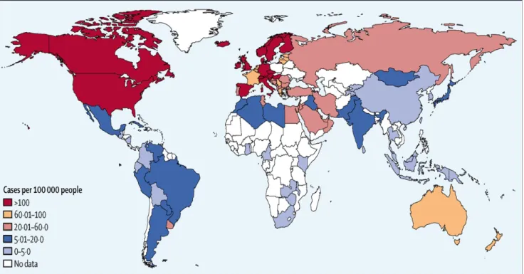 Figure 1 Prévalence mondiale de la sclérose en plaques  Source: Atlas of MS 2013, MS International Federation 