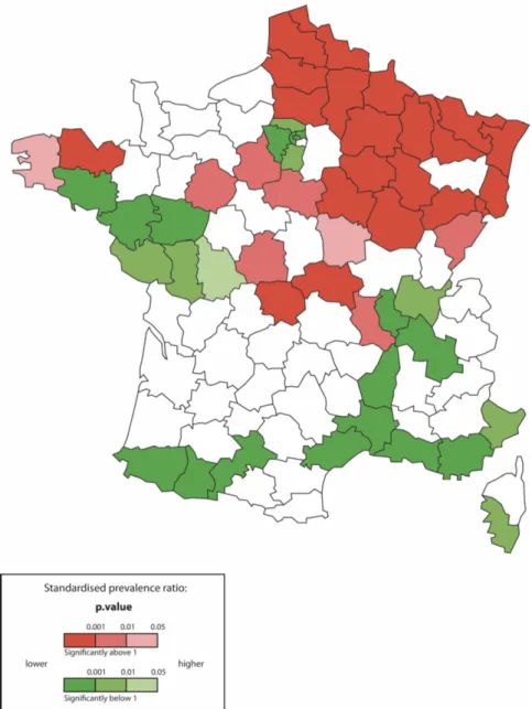 Figure 2 Ratios de prévalence standardisée des ALD SEP en France par département en 2004,  tirée de la thèse d'A.Fromont &#34; Epidémiologie de la sclérose en plaques en France » 