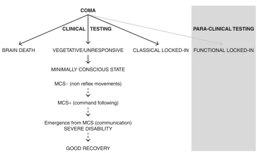 Fig. 1 Proposed nosology of the diagnostic entities that can be encountered following coma, based on clinical behavioral evaluation (in white, inferred from assessing motor responses) and based on novel paraclinical functional neuroimaging studies (in gray