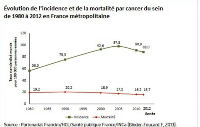 Figure 1 Evolution de l'incidence et de la mortalité par cancer du sein de 1980 à 2012 en France métropolitaine (4) 