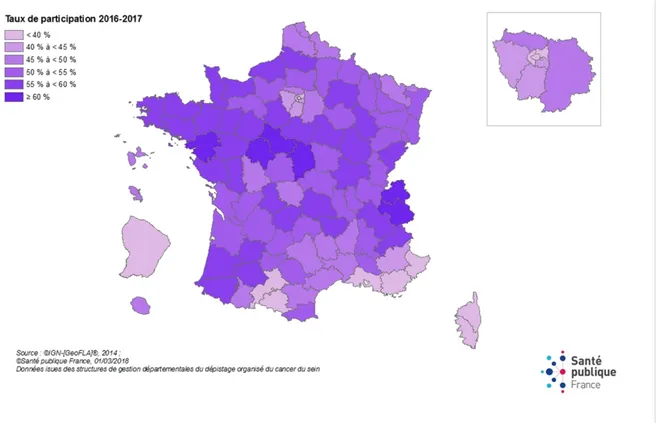 Figure 4 Taux de participation départementaux au programme de dépistage organisé du cancer du sein (21) 