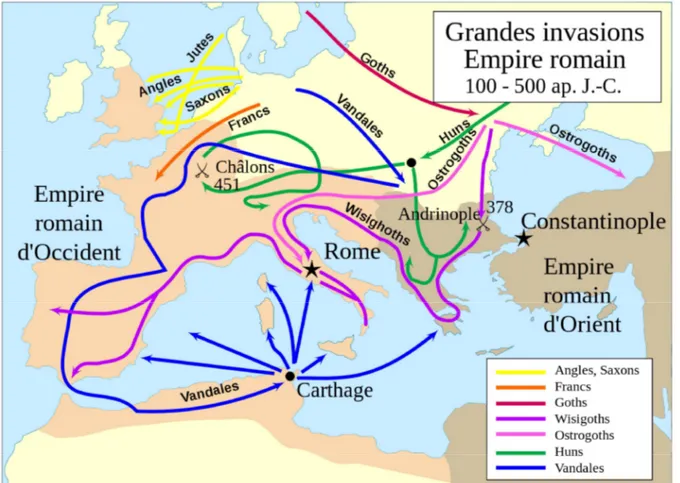 Figure 1 - Les Grandes invasions de l'Empire romain. (EWAN AR BORN 2008)