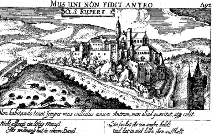 Figure 10 - Le monastère du Rupertsberg sur le mont Saint-Rupert. (ANONYME.,  1620)