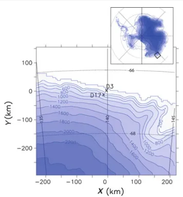 Fig. 1 MAR integration domain. Isocontours in the bottom panel are at 200-m intervals
