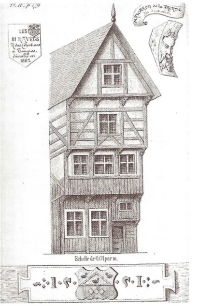 Fig. 5. Elly BERTRAND,Reconstitution de la fa9ade de la maison des Trois Navets, sise rue des Celestines (Hemelinghenstraet) et demolie en 1862, 1874