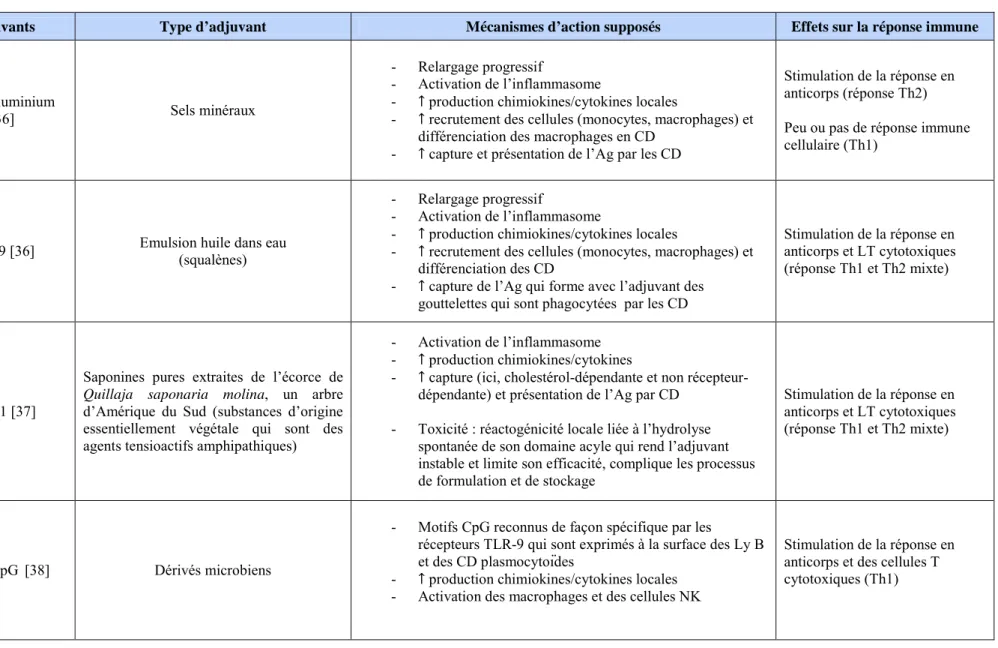 Tableau 2 : Les adjuvants utilisés dans les vaccins thérapeutiques contre la MA : types, mécanismes d'action supposés et effets immunomodulatoires 