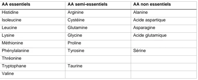 Tableau 4 : répartition des acides aminés et apports recommandés si énoncés par les sociétés  savantes internationales  