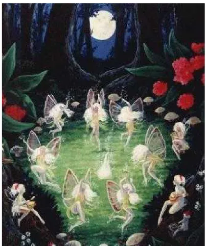 figure g2 : Dessin représentant un cercle de fées sur  lequel dansent de nombreux elfes sous le clair de lune  (source : blod-domi.over-blog.fr)