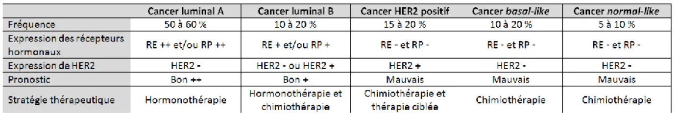 Tableau 2 : Différents types de profils moléculaires des cancers du sein 
