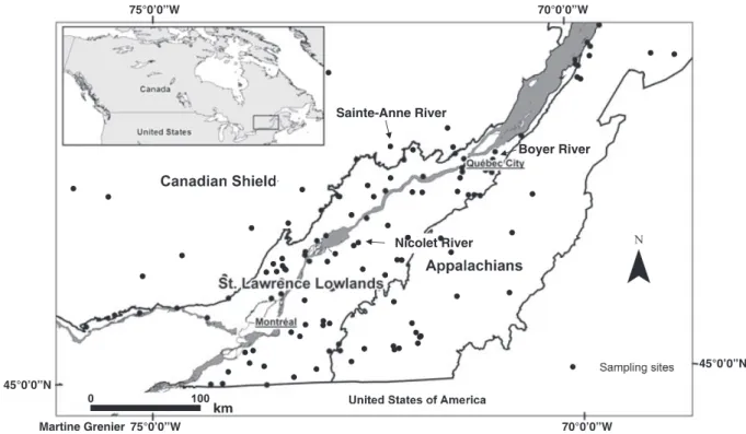 Fig. 1 Sites sampled for the development of the Eastern Canadian Diatom Index and for the development of the low frequency sampling data set