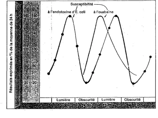 Figure  9  :  Rythmes  circadiens  de  la  susceptibilité  des  souris,  à  l'endotoxine  d'Escherichia  coli  et  à  l'ouabaine(68)