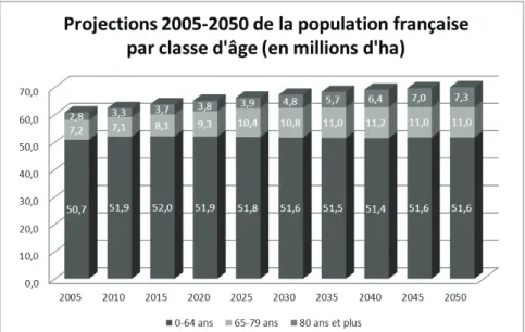 Figure 1 : Projections 2005-2050 de la population française par classe d’âge (INSEE) 
