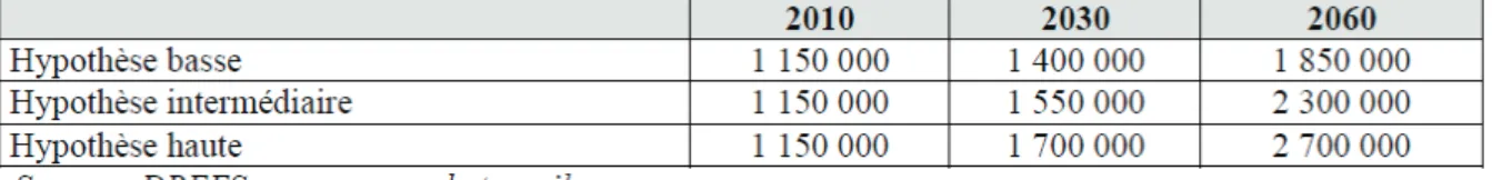 Tableau I : Projections de personnes dépendantes au sens de l’APA pour la France  métropolitaine (scénario démographique central de l’INSEE) [18] 
