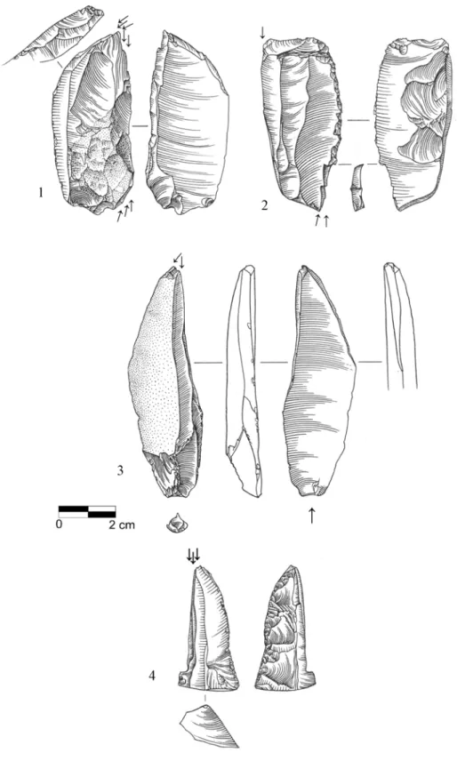 Fig. 8. —  Beedings. 1 et 2 : burins multiples ; 3 : burin dièdre : 4 : burin nucléiforme (d’après Jacobi, 2007).